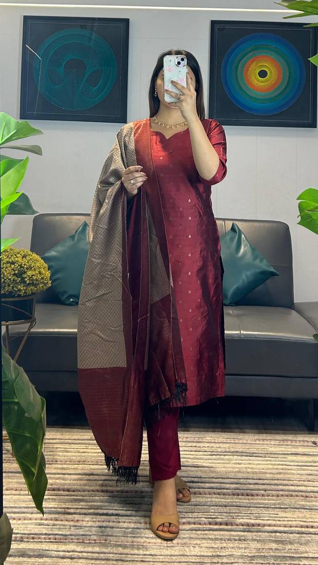 women's art silk woven butta motiff kurta pant with dupatta set