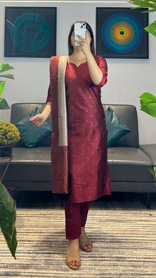 women's art silk woven butta motiff kurta pant with dupatta set 2