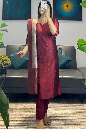 women's art silk woven butta motiff kurta pant with dupatta set