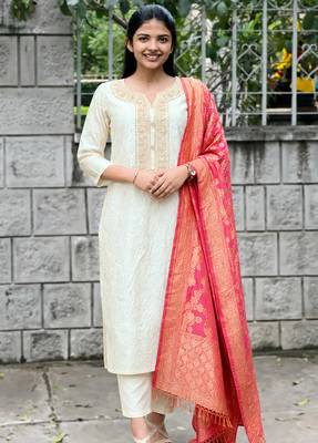 women's art silk embroidered kurta pant with banarasi dupatta set 1