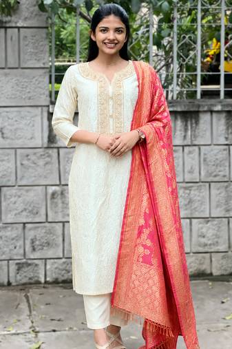 women's art silk embroidered kurta pant with banarasi dupatta set