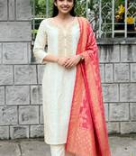 women's art silk embroidered kurta pant with banarasi dupatta set