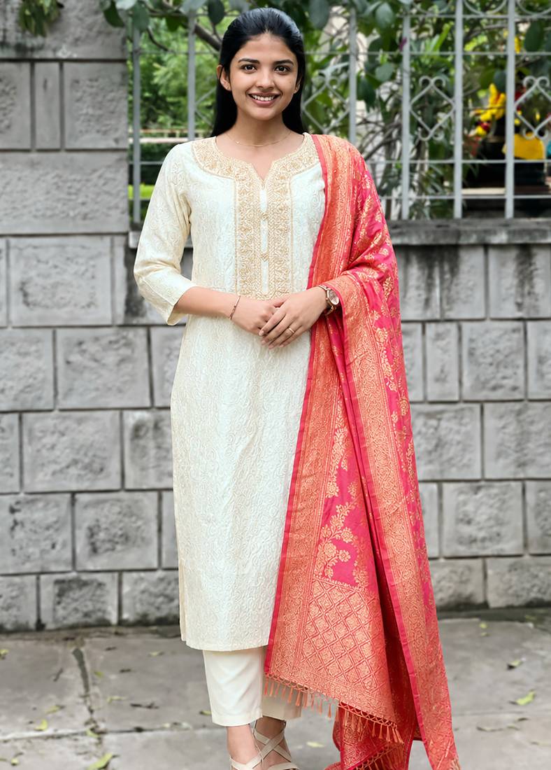 women's art silk embroidered kurta pant with banarasi dupatta set