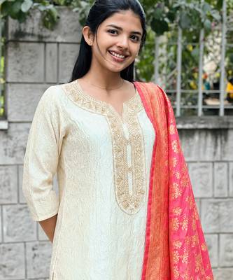women's art silk embroidered kurta pant with banarasi dupatta set 2