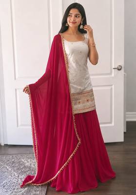women's chinnon silk embroidered kurta palazzo with dupatta set 1