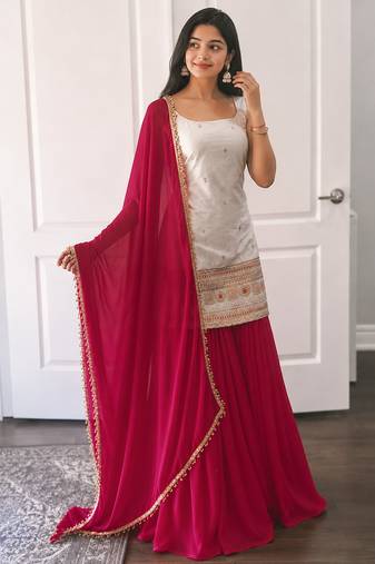 women's chinnon silk embroidered kurta palazzo with dupatta set