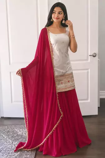 women's chinnon silk embroidered kurta palazzo with dupatta set