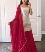 women's chinnon silk embroidered kurta palazzo with dupatta set