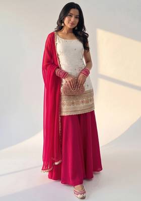 women's chinnon silk embroidered kurta palazzo with dupatta set 2
