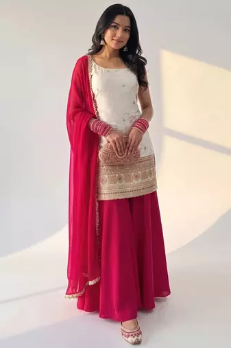 women's chinnon silk embroidered kurta palazzo with dupatta set