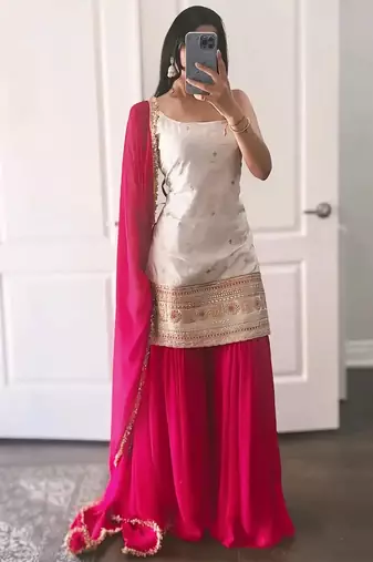 women's chinnon silk embroidered kurta palazzo with dupatta set