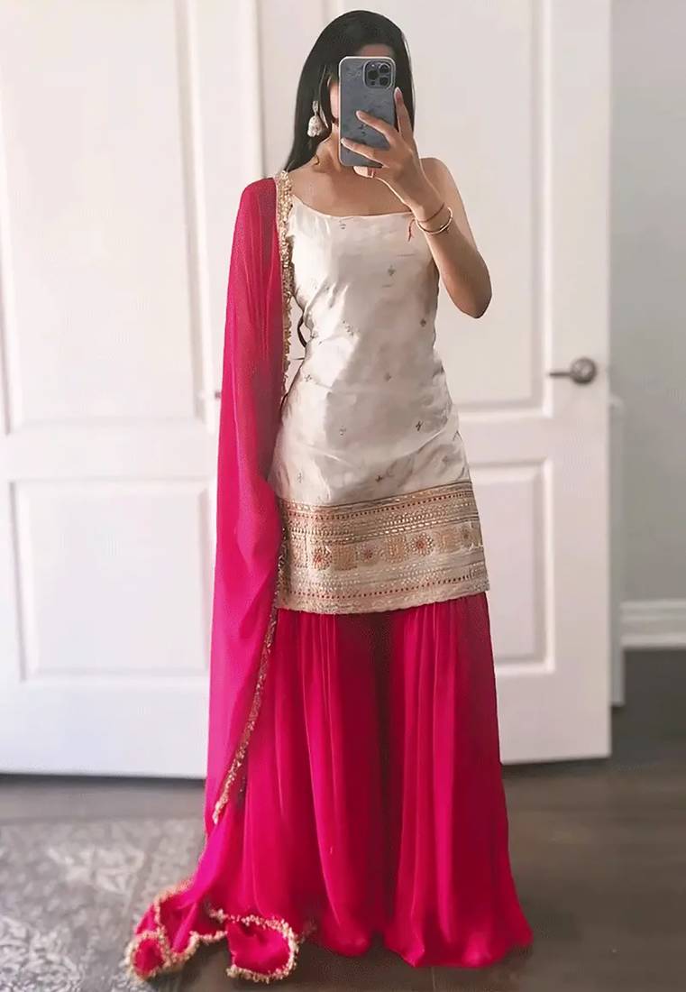 women's chinnon silk embroidered kurta palazzo with dupatta set