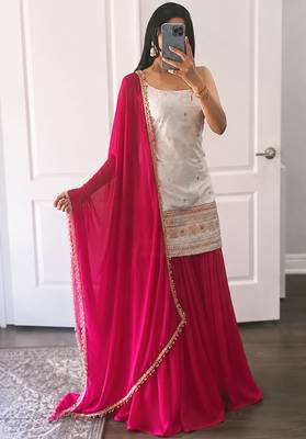 women's chinnon silk embroidered kurta palazzo with dupatta set 4