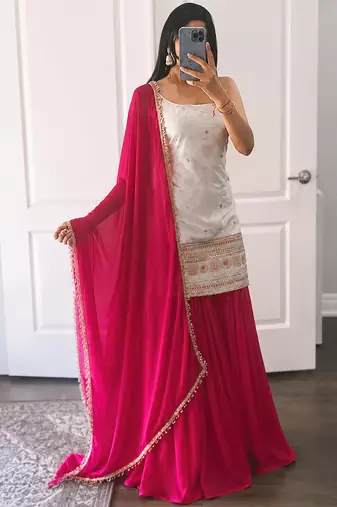 women's chinnon silk embroidered kurta palazzo with dupatta set