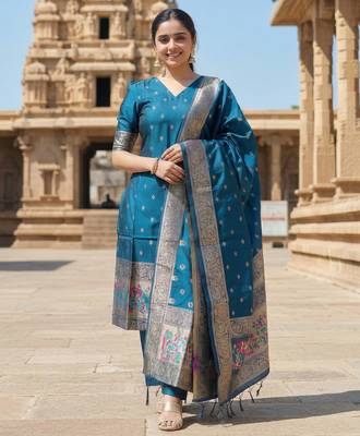 women's art silk woven butta motiff kurta pant with dupatta set 1