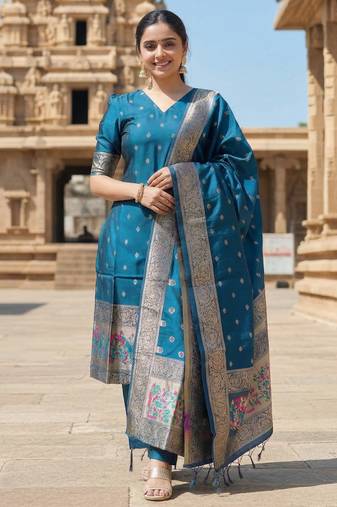 women's art silk woven butta motiff kurta pant with dupatta set