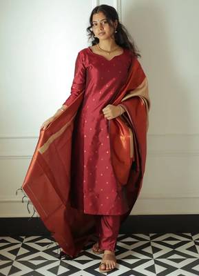 women's art silk woven butta motiff kurta pant with dupatta set 1
