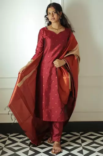 women's art silk woven butta motiff kurta pant with dupatta set