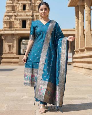 women's art silk woven butta motiff kurta pant with dupatta set 2