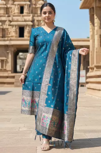women's art silk woven butta motiff kurta pant with dupatta set