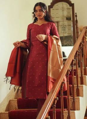 women's art silk woven butta motiff kurta pant with dupatta set 2