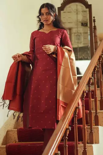 women's art silk woven butta motiff kurta pant with dupatta set