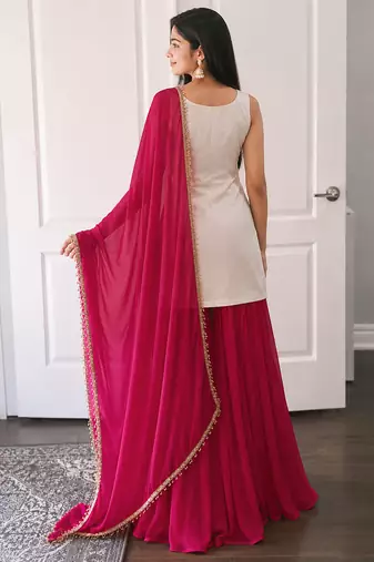 women's chinnon silk embroidered kurta palazzo with dupatta set