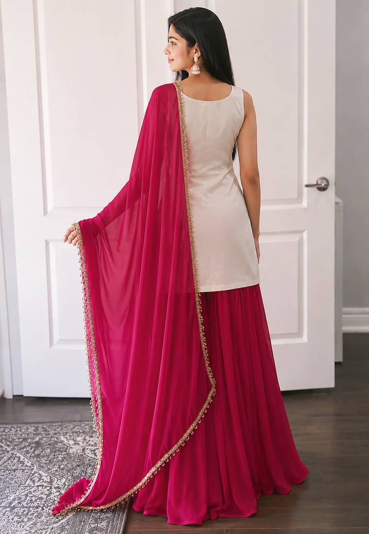 women's chinnon silk embroidered kurta palazzo with dupatta set