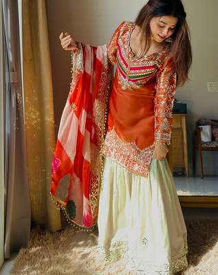 women's shimmer silk embroidered kurta sharara with dupatta set 1