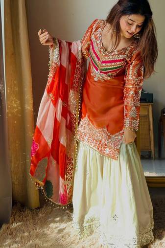 women's shimmer silk embroidered kurta sharara with dupatta set