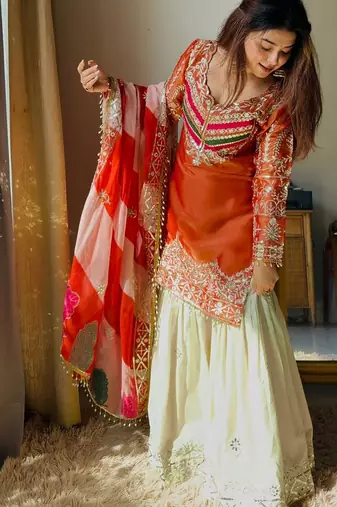 women's shimmer silk embroidered kurta sharara with dupatta set