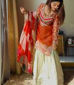 women's shimmer silk embroidered kurta sharara with dupatta set