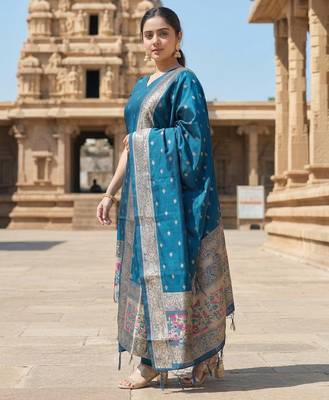 women's art silk woven butta motiff kurta pant with dupatta set 3