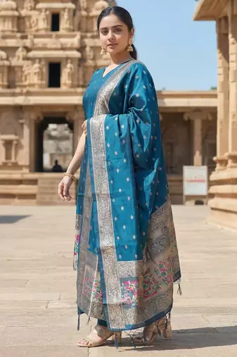 women's art silk woven butta motiff kurta pant with dupatta set