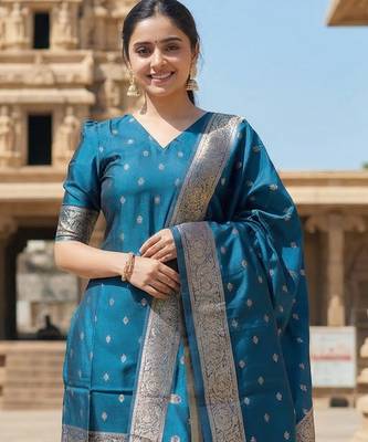 women's art silk woven butta motiff kurta pant with dupatta set 4