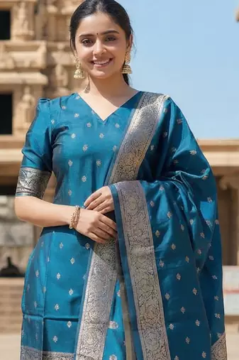 women's art silk woven butta motiff kurta pant with dupatta set