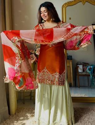 women's shimmer silk embroidered kurta sharara with dupatta set 2