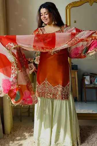 women's shimmer silk embroidered kurta sharara with dupatta set