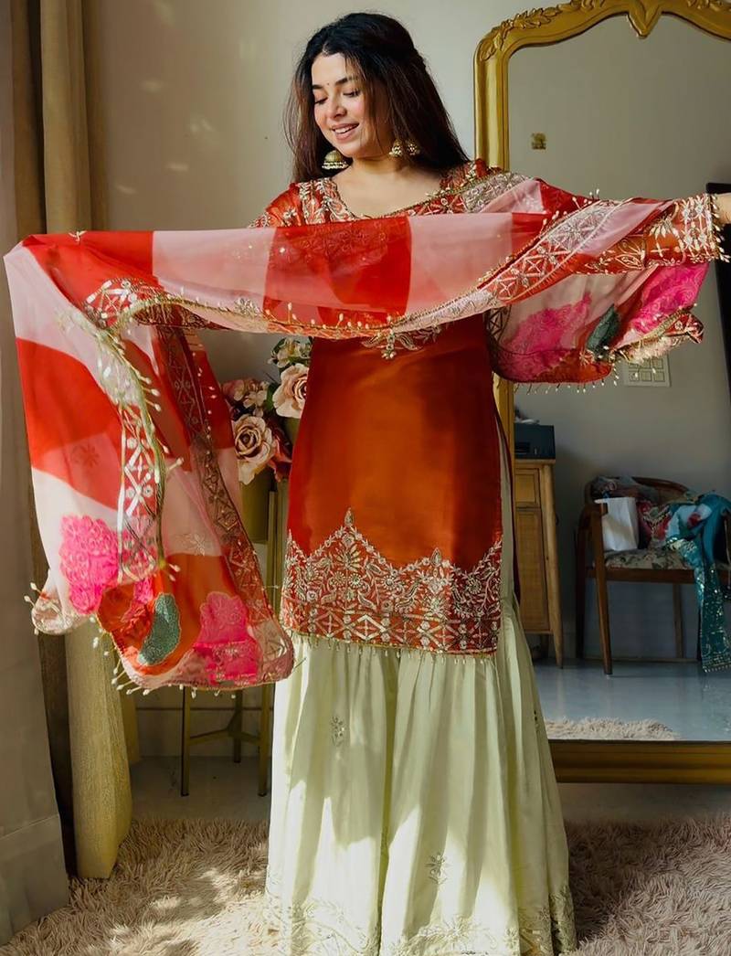 women's shimmer silk embroidered kurta sharara with dupatta set