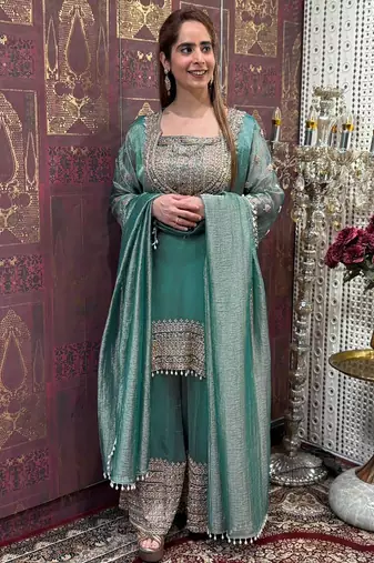 women's shimmer silk embroidered kurta palazzo with dupatta set