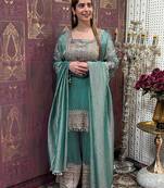 women's shimmer silk embroidered kurta palazzo with dupatta set