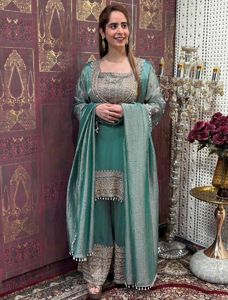 women's shimmer silk embroidered kurta palazzo with dupatta set