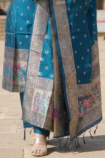 women's art silk woven butta motiff kurta pant with dupatta set