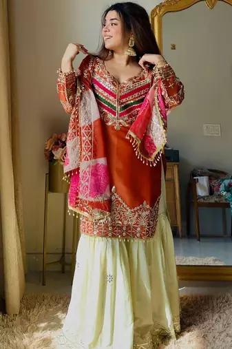 women's shimmer silk embroidered kurta sharara with dupatta set