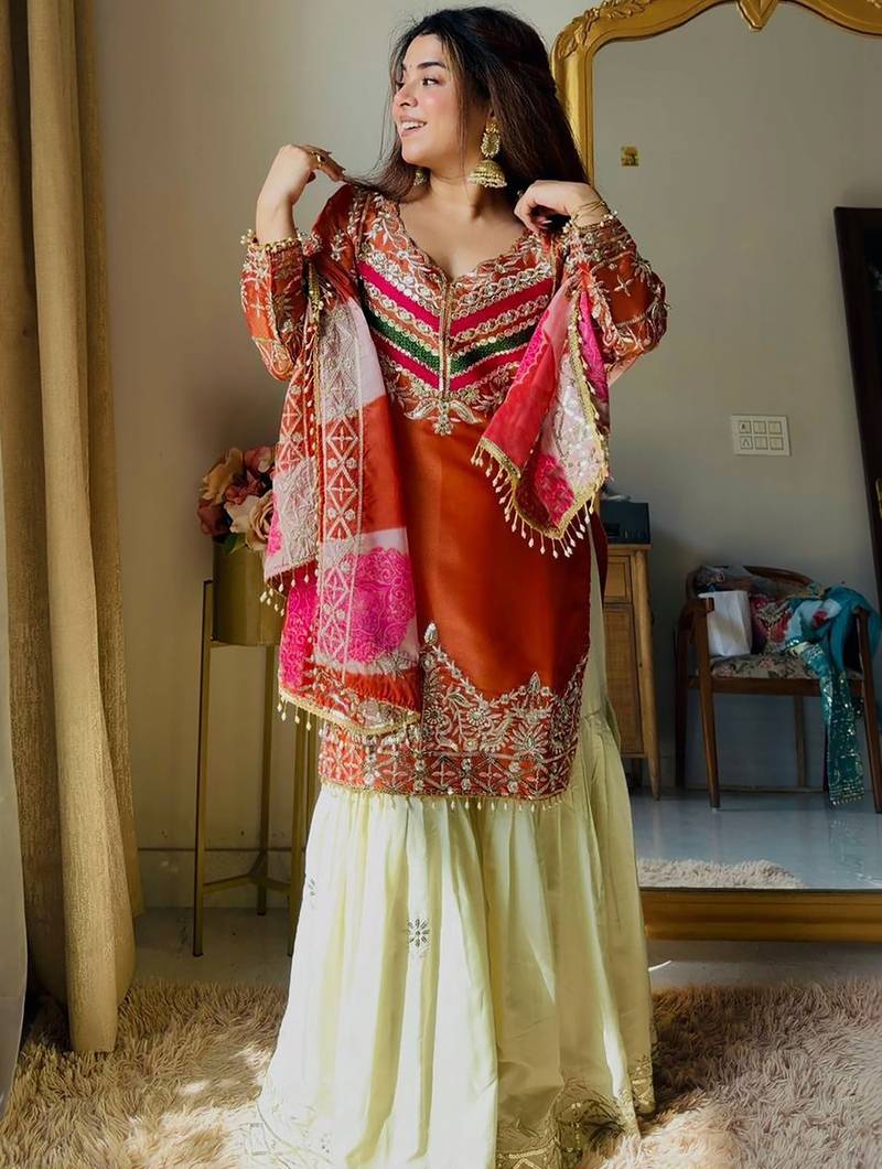 women's shimmer silk embroidered kurta sharara with dupatta set