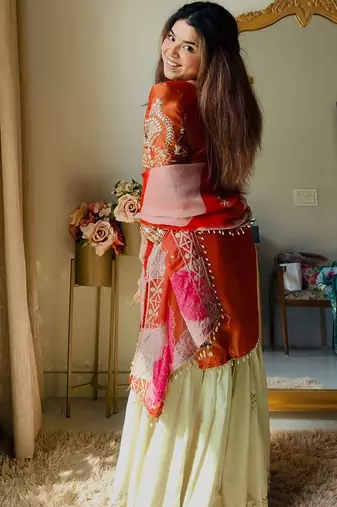 women's shimmer silk embroidered kurta sharara with dupatta set