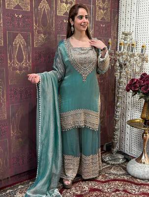 women's shimmer silk embroidered kurta palazzo with dupatta set 2