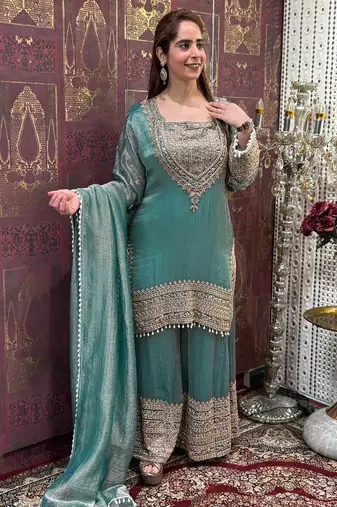 women's shimmer silk embroidered kurta palazzo with dupatta set