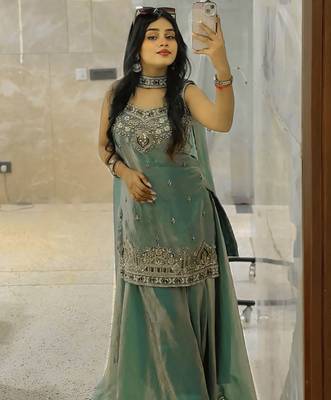 women's shimmer silk embroidered kurta palazzo with dupatta set 1