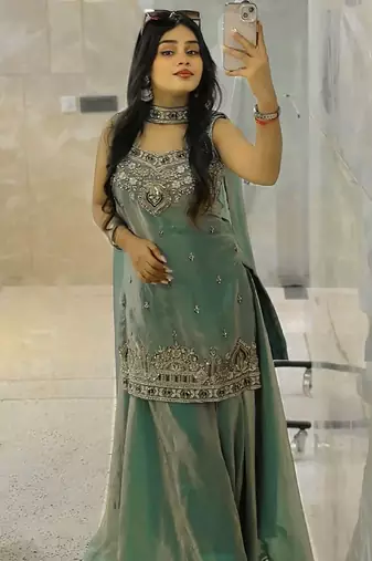 women's shimmer silk embroidered kurta palazzo with dupatta set